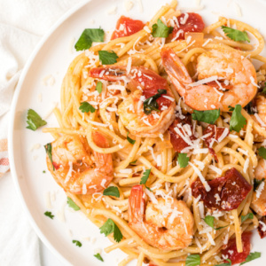 pinterest image for chipotle beer shrimp pasta