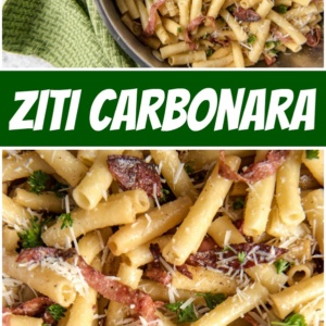 pinterest collage image for ziti carbonara