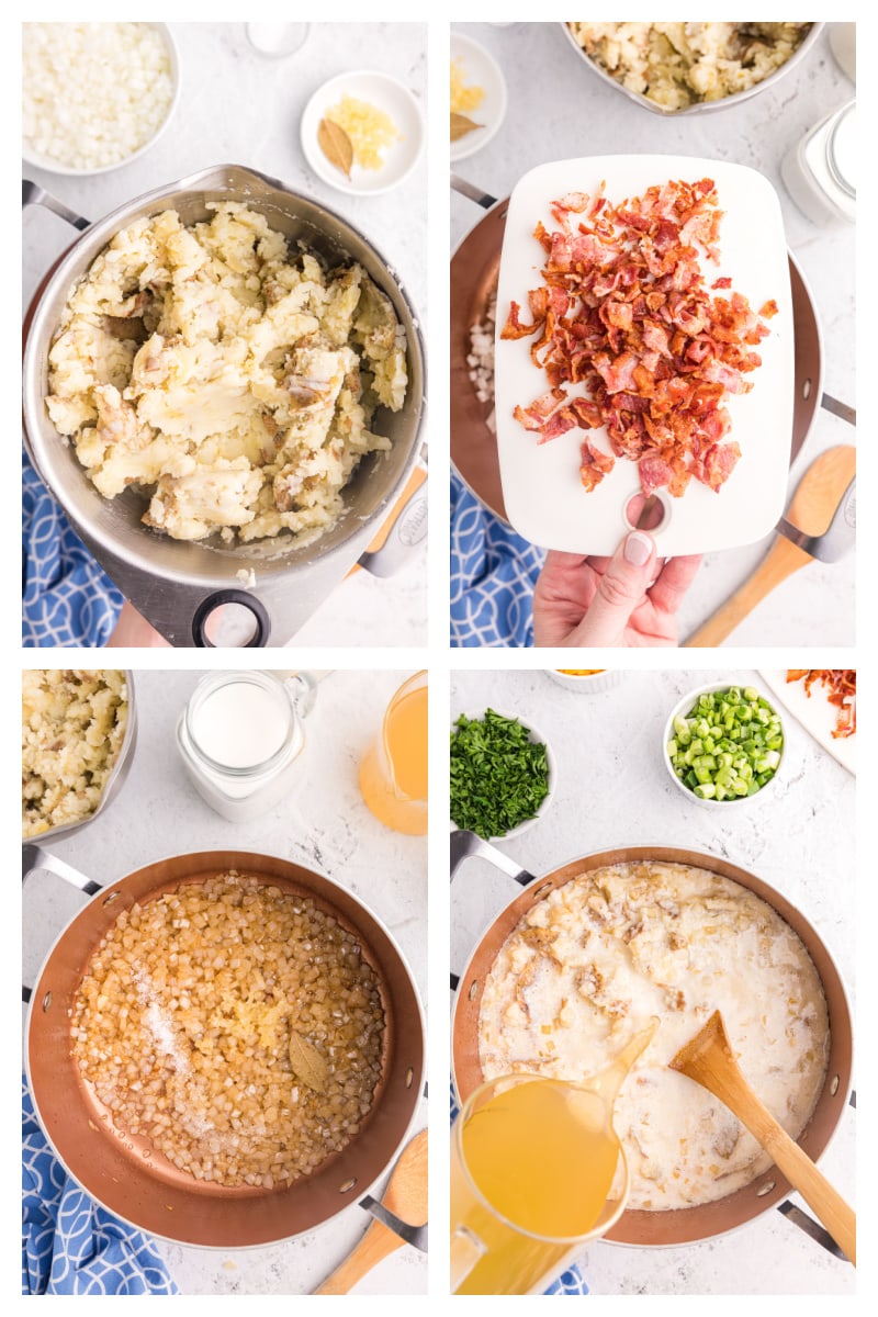 four photos showing how to make baked potato and bacon soup