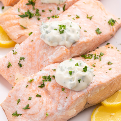 beer poached salmon filets topped with tarragon mayonnaise