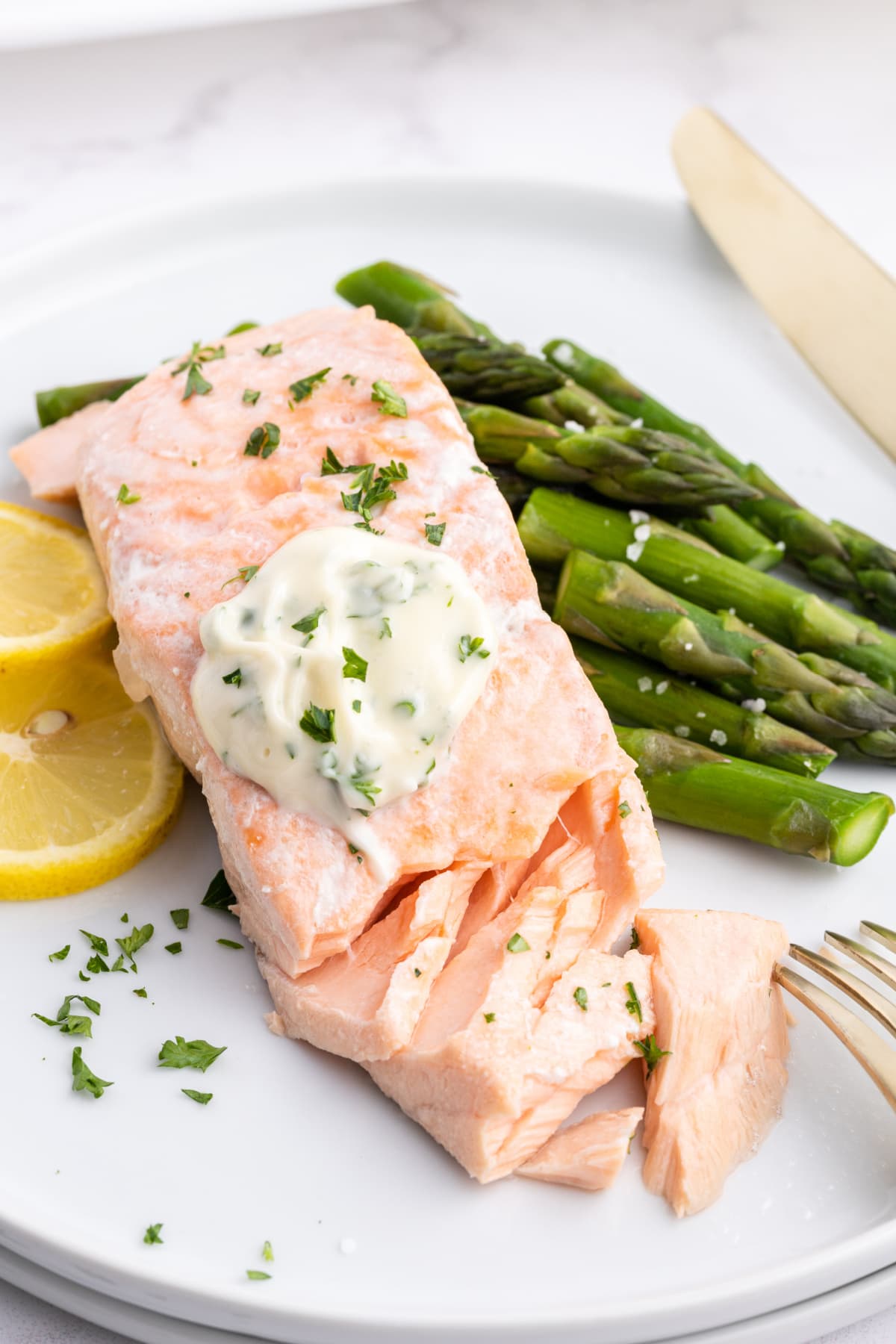 beer poached salmon filet topped with tarragon mayonnaise