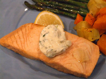 salmon fillet topped with sauce