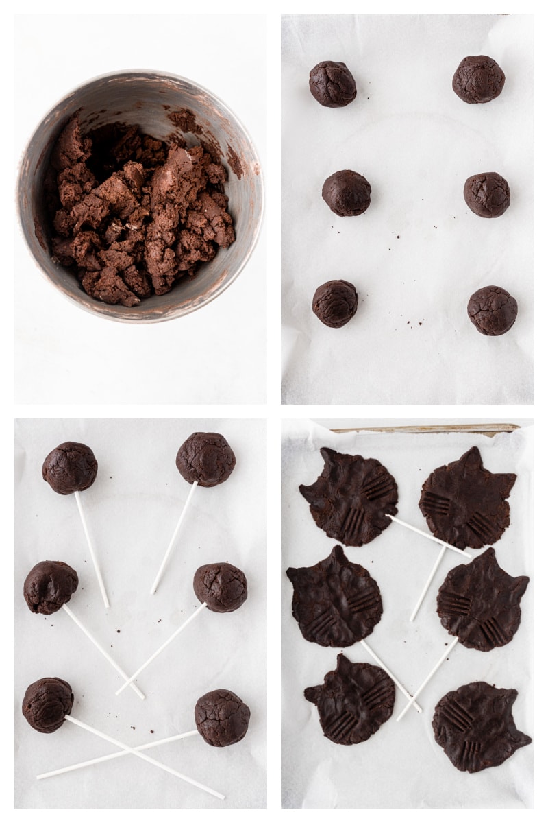 four photos showing how to make dough and shape black cat cookies