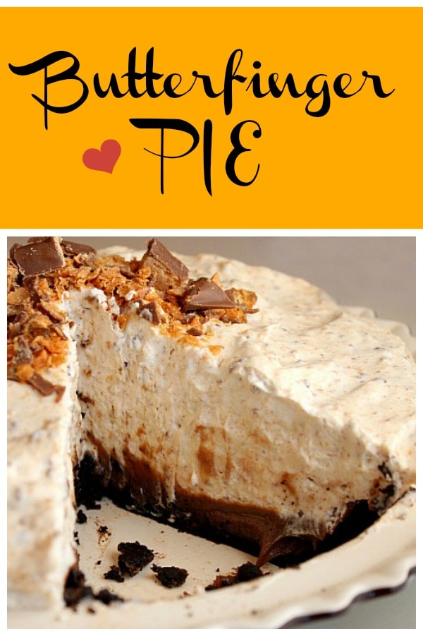Totally decadent and creamy Butterfinger Pie recipe from RecipeGirl.com #butterfinger #butterfingers #pie #recipe