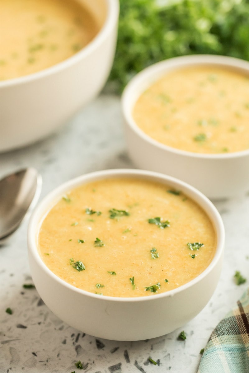 butternut squash soup in a white bowl