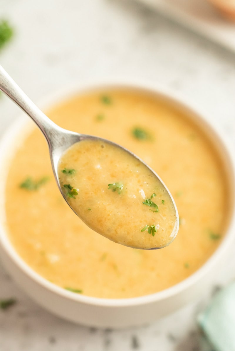 butternut squash soup with spoonful of it above bowl