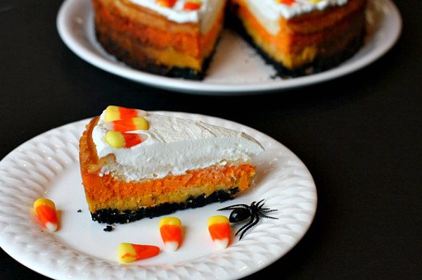 Slice of Candy Corn Cheesecake