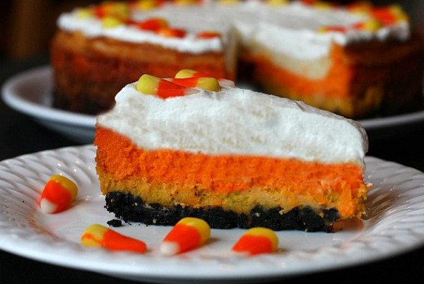 Slice of Candy Corn Cheesecake