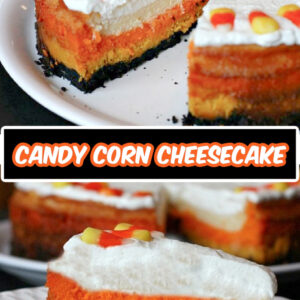 pinterest image for candy corn cheesecake