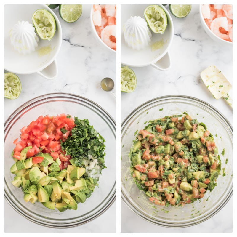 two photos showing making avocado salsa ingredients in one bowl and combined in the 2nd bowl