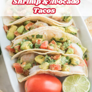 pinterest image for ceviche style shrimp and avocado tacos
