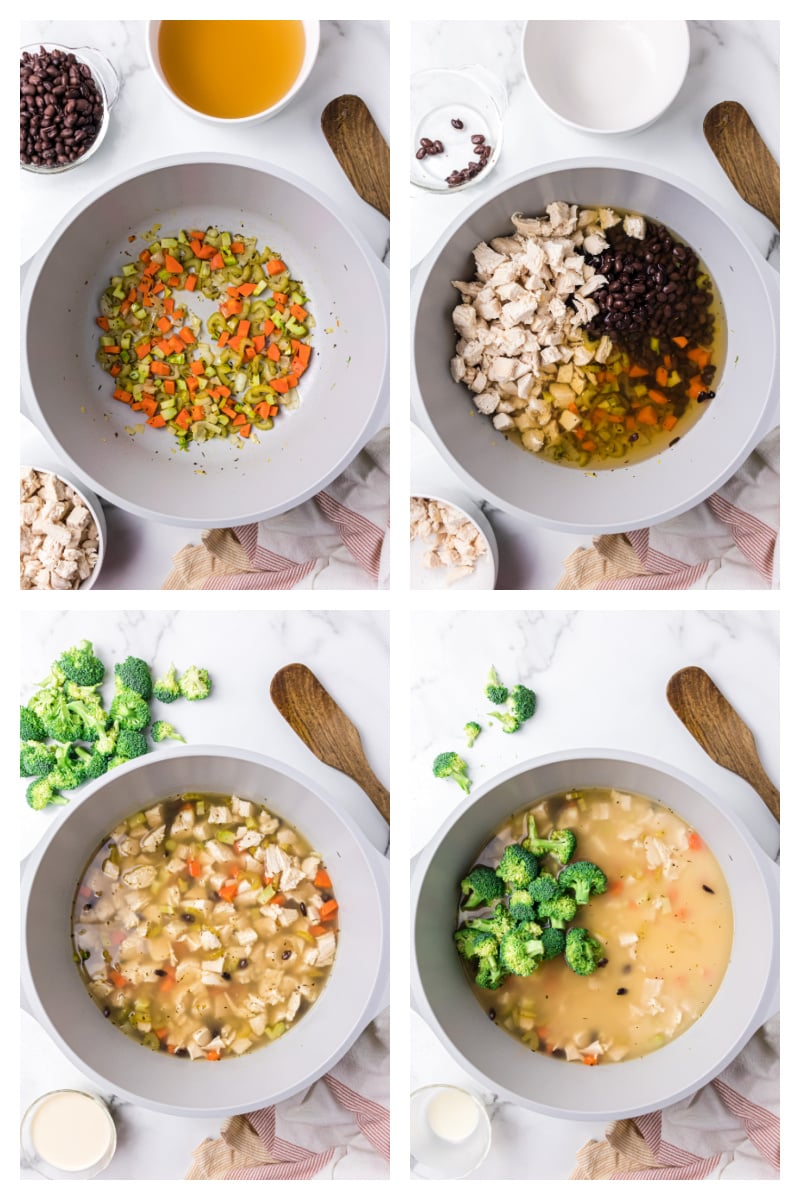 four photos showing how to make chicken broccoli soup