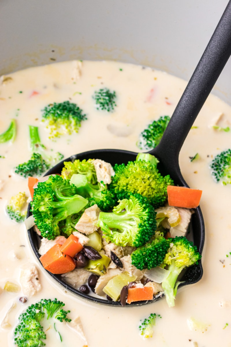 ladle of chicken broccoli soup