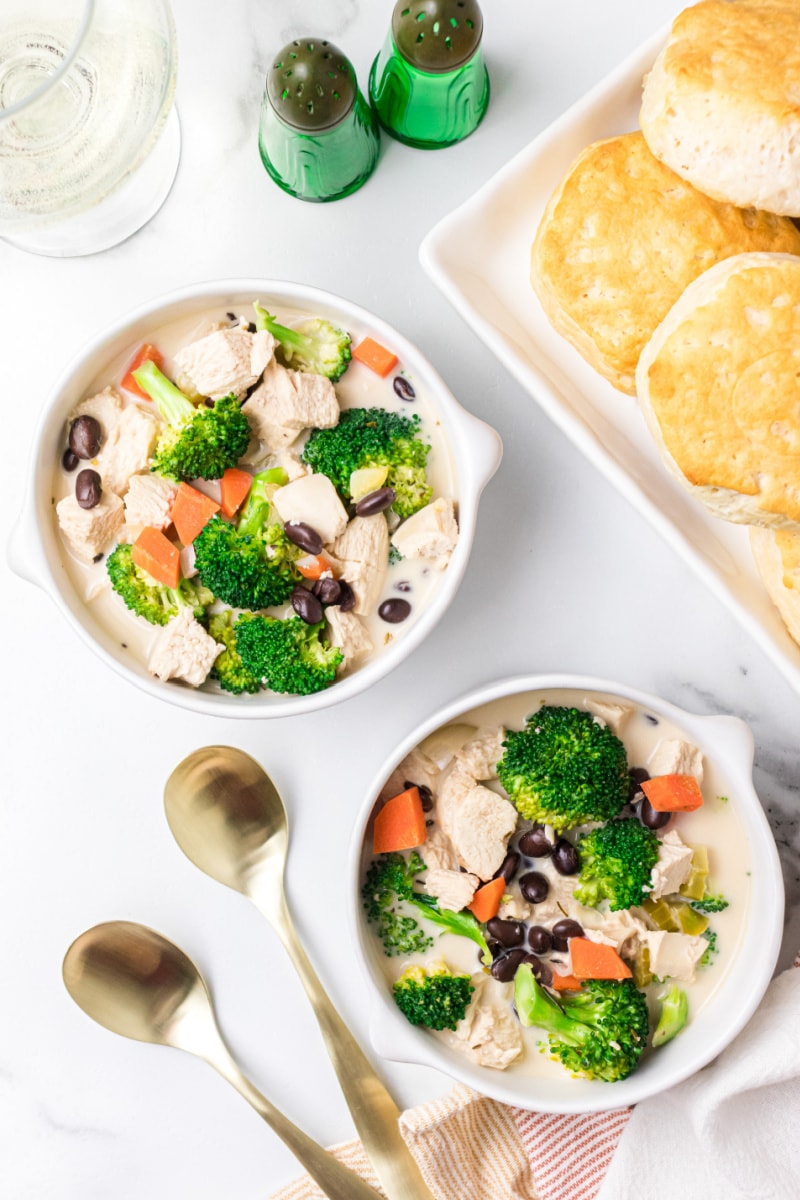 two bowls of chicken broccoli soup