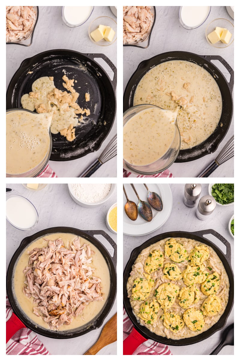 four photos showing how to make chicken salsa verde in a cast iron skillet