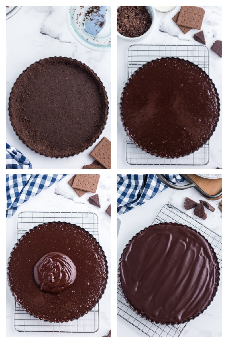 four photos showing process of assembling, baking and icing a chocolate tart