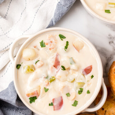 overhead shot of bowl of clam chowder
