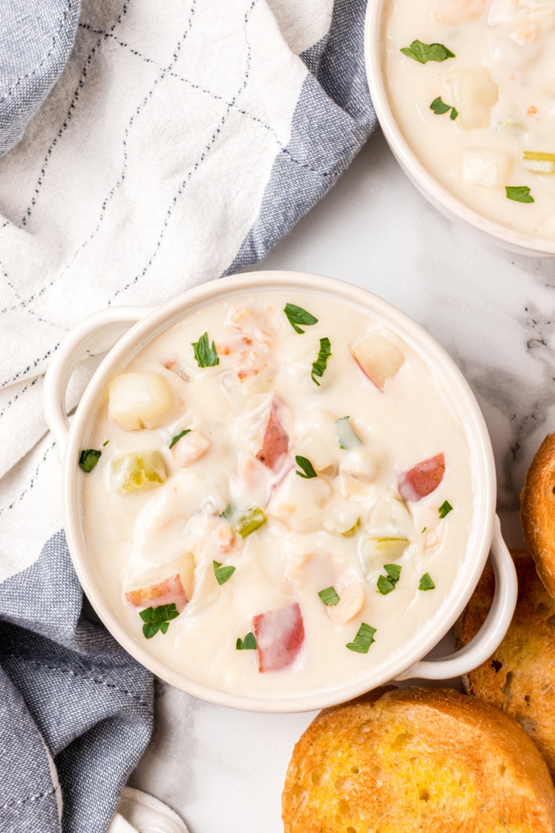 overhead shot of bowl of clam chowder