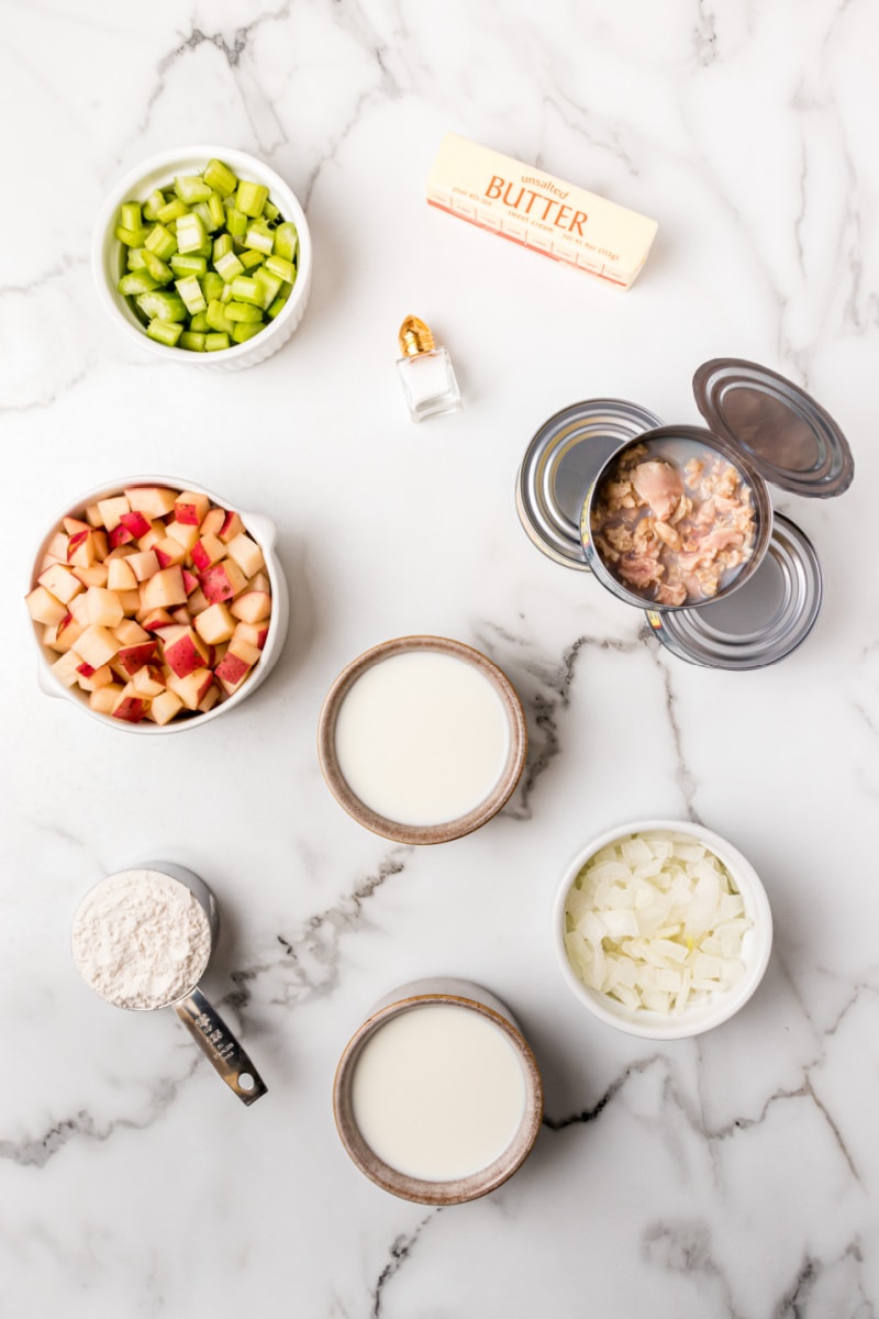 ingredients displayed for making clam chowder