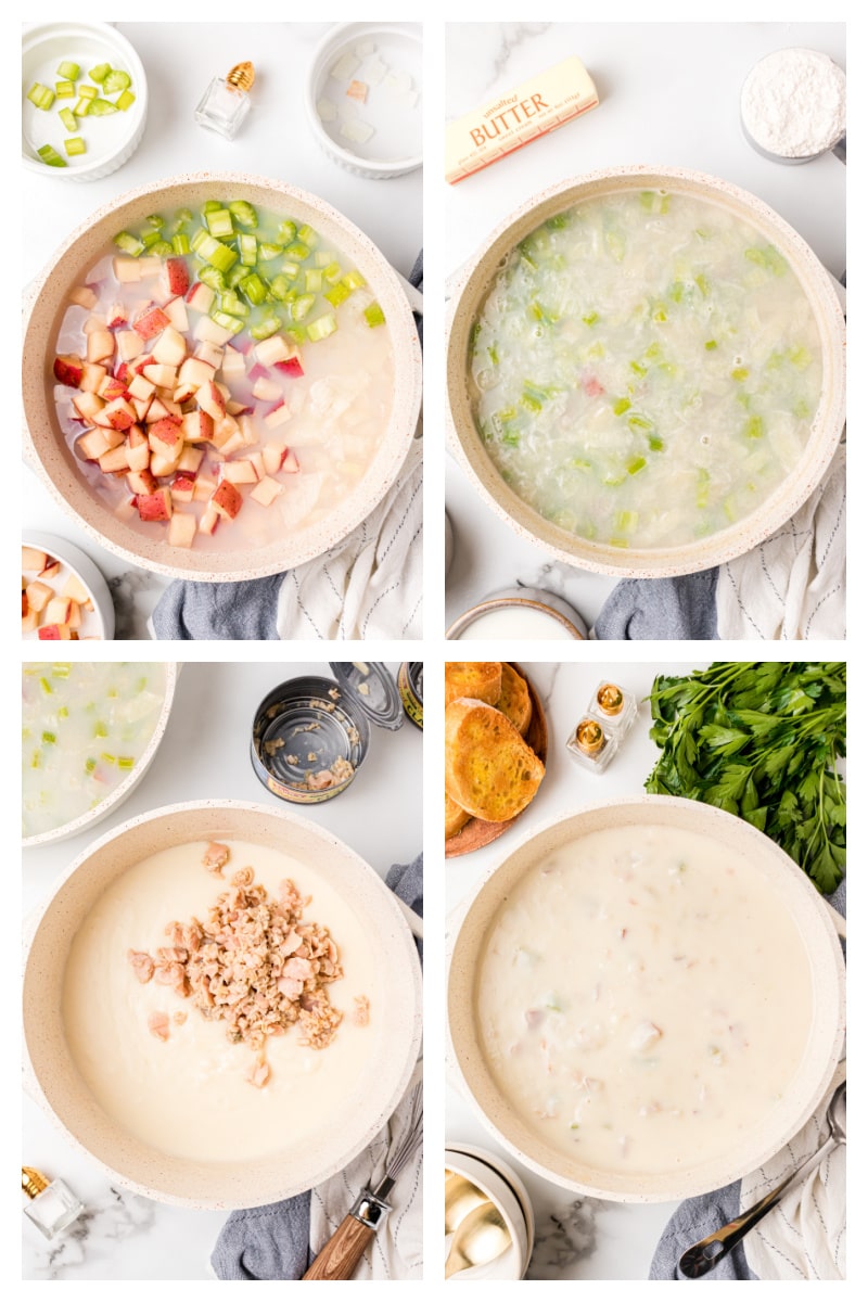four photos showing how to make clam chowder in pot