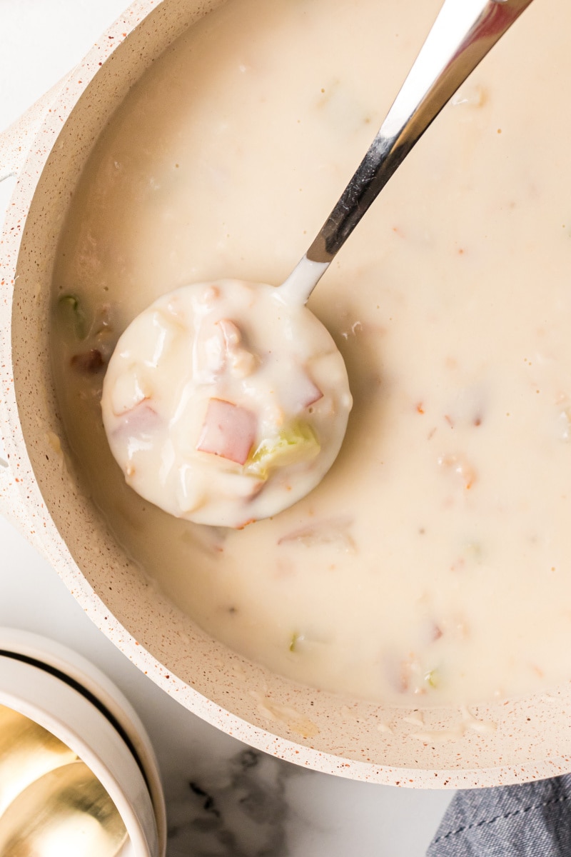 spoonful of clam chowder over pot of chowder