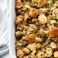 classic stuffing in white casserole dish