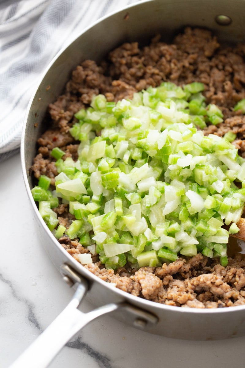 sausage and celery in skillet