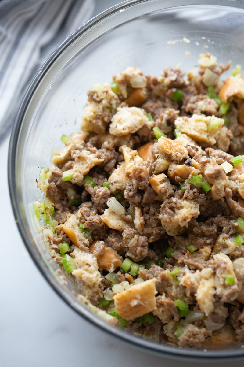 making stuffing in a glass bowl