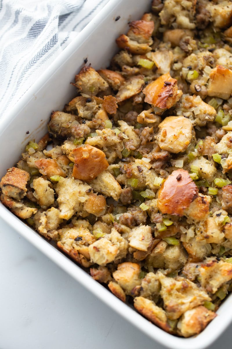 classic stuffing in a white casserole dish