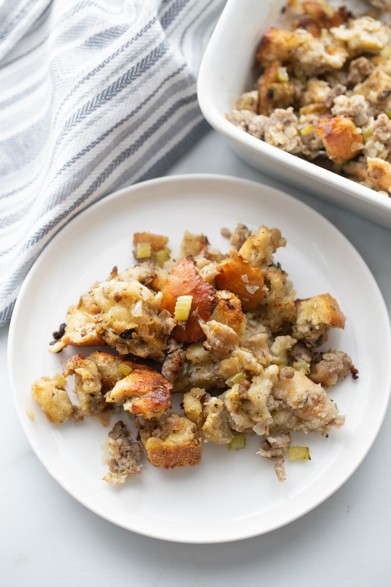 serving of stuffing on a white plate