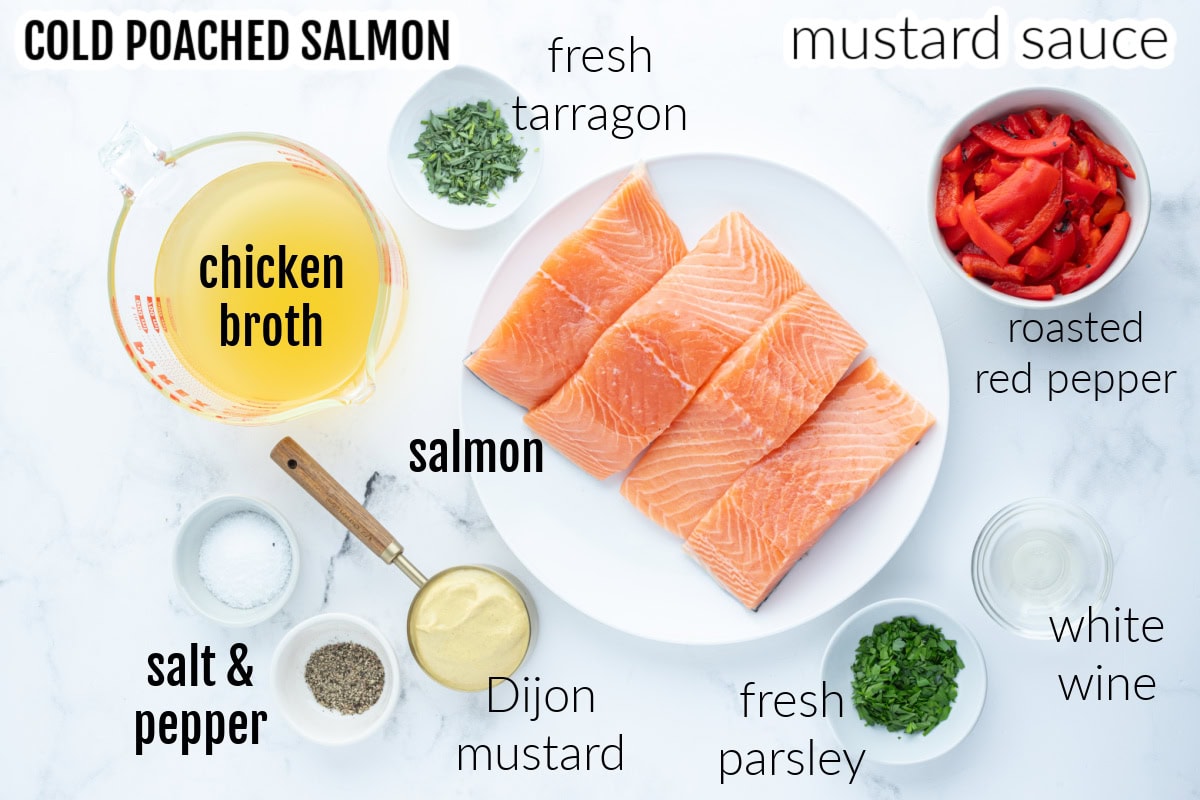 Cold Poached Salmon with Roasted Red Pepper and Mustard Sauce recipe from RecipeGirl.com ingredients displayed for making cold poached salmon and mustard sauce