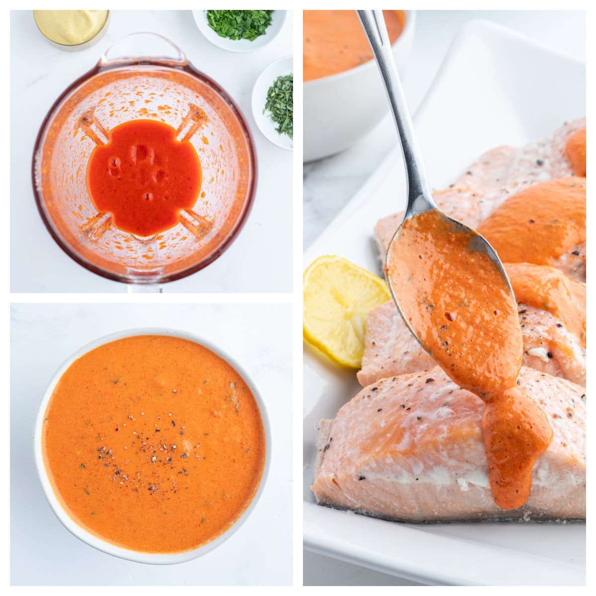 Cold Poached Salmon with Roasted Red Pepper and Mustard Sauce recipe from RecipeGirl.com three photos showing how to make red pepper- mustard sauce and then drizzling on salmon