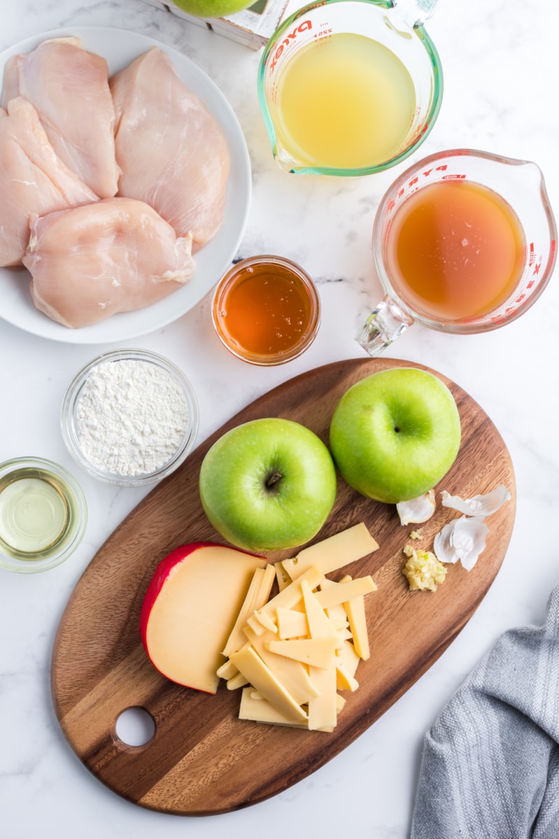 ingredients displayed for making gouda stuffed chicken with apple pan sauce
