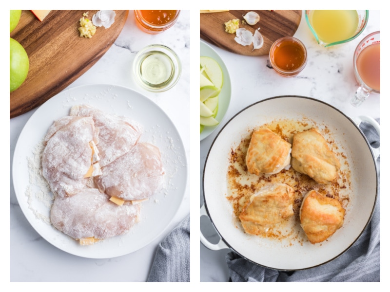 two photos showing stuffed and dipped chicken and then cooked chicken in pan