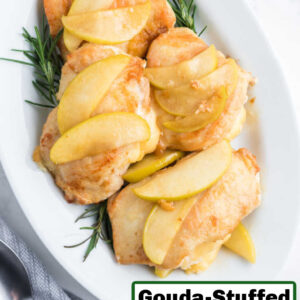 pinterest image for gouda stuffed chicken with apple pan sauce