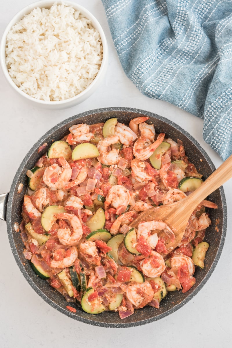 greek style shrimp in a skillet