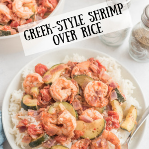 pinterest image for greek style shrimp over rice