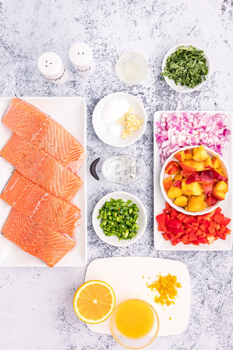 ingredients displayed for making grilled salmon with nectarine salsa