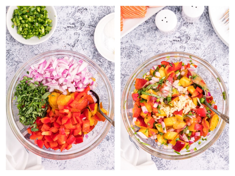 two photos showing prep of making nectarine salsa