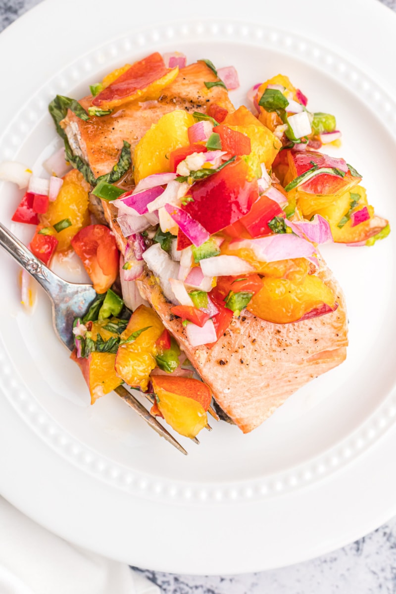 salmon topped with nectarine salsa