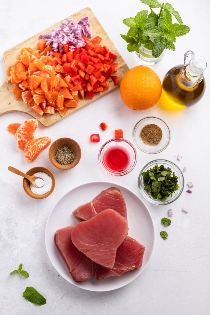 ingredients displayed for making grilled tuna with citrus salsa