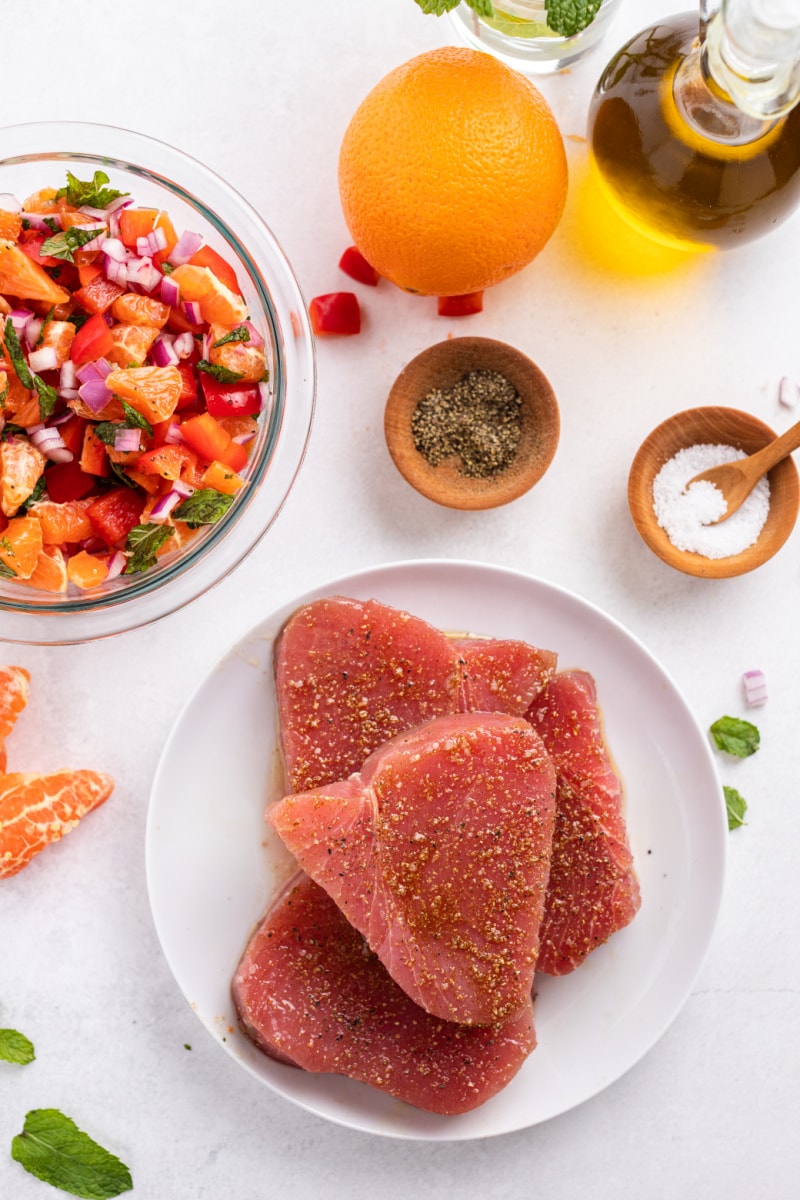 seasoned fresh tuna on a white plate