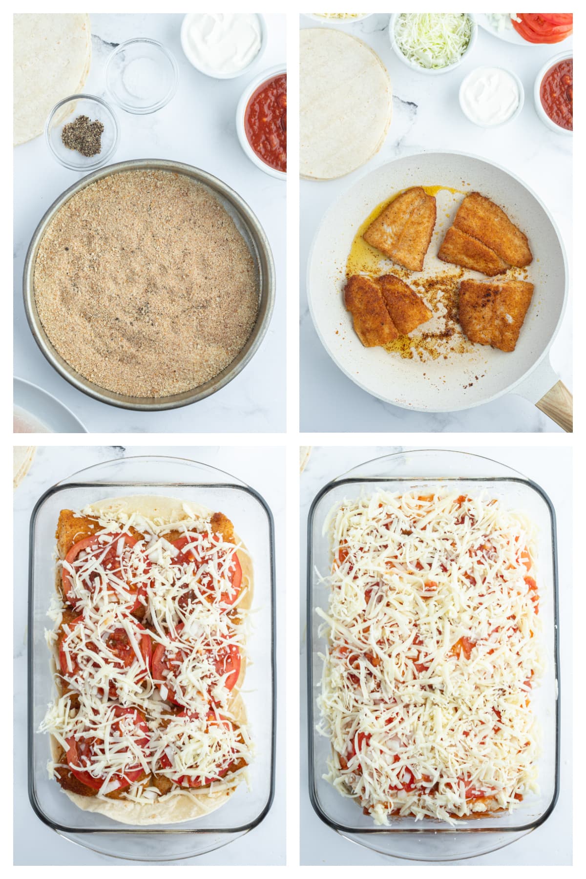 Inside Out Fish Tacos, otherwise known as Fish Taco Casserole recipe from RecipeGirl.com four photos showing how to make inside out fish tacos