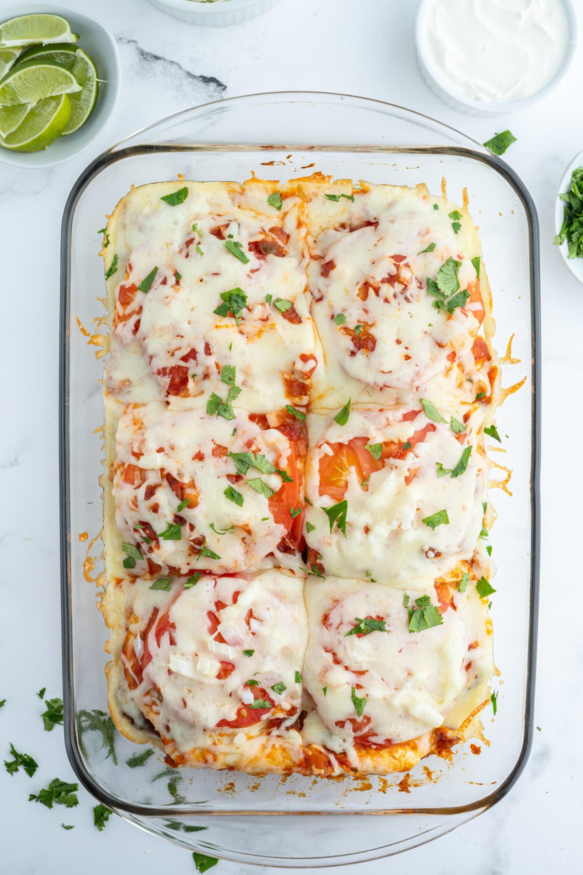 overhead shot of fish taco casserole in baking dish