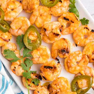 jalapeno lime shrimp skewers on a platter