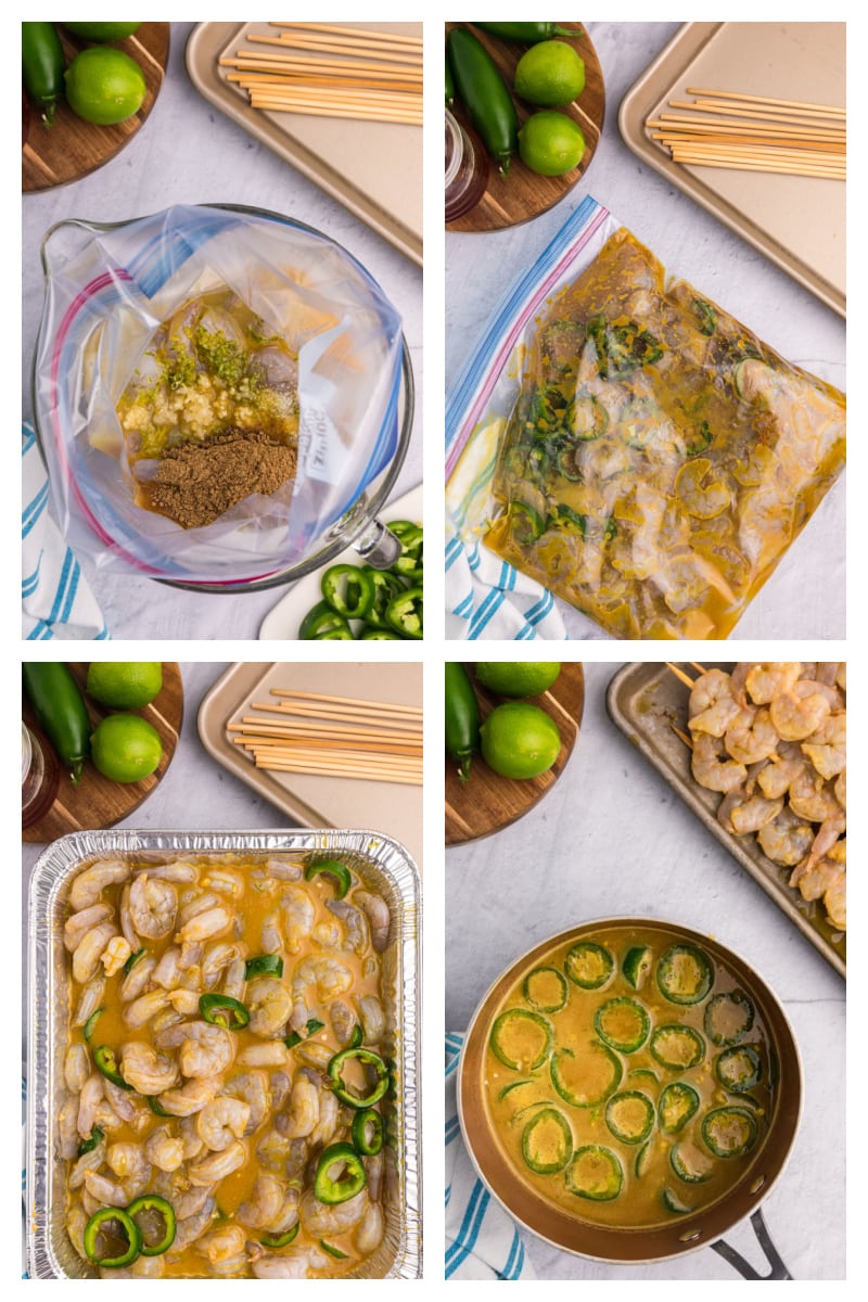 four photos showing process of marinating jalapeno lime shrimp