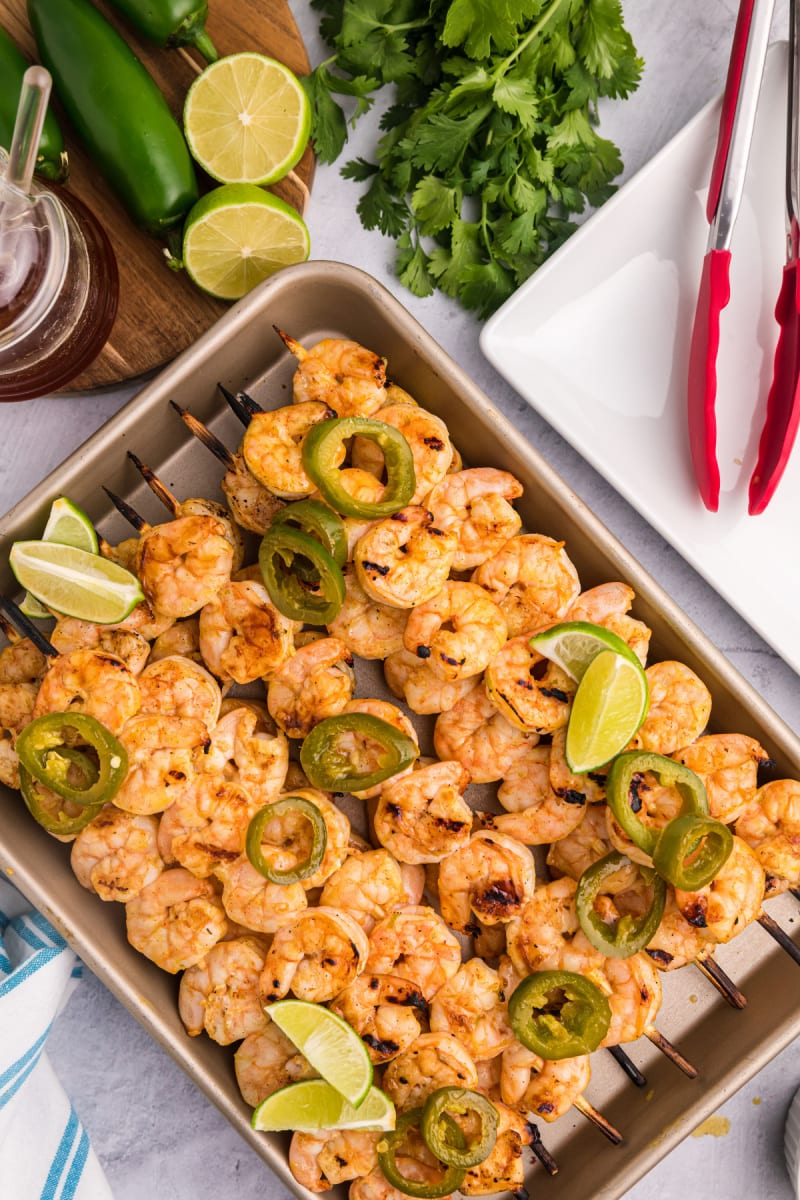 jalapeno lime shrimp skewers on pan