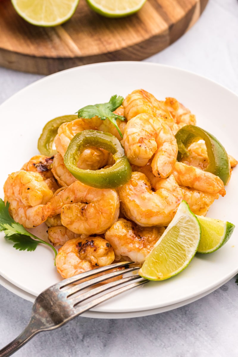 plate of jalapeno lime shrimp with a fork