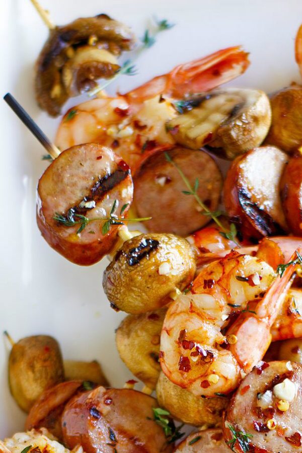 Mixed Grill of Shrimp, Sausage and Mushrooms on skewers