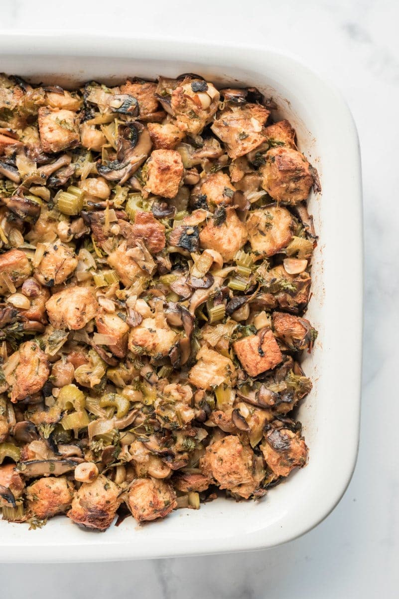 wild mushroom stuffing in a white casserole dish